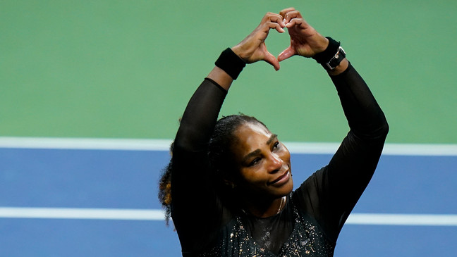 FILE - Serena Williams, of the United States, motions a heart to fans after losing to Ajla Tomljanovic, of Austrailia, during the third round of the U.S. Open tennis championships, Friday, Sept. 2, 2022, in New York. (AP Photo/Frank Franklin II)