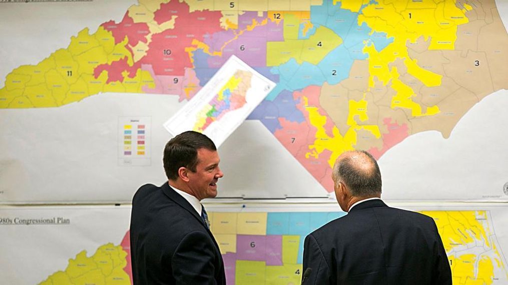 FILE - In this Feb. 16, 2016, file photo, Republican state Sens. Dan Soucek, left, and Brent Jackson, right, review historical maps during The Senate Redistricting Committee for the 2016 Extra Session in the Legislative Office Building at the N.C. General Assembly, in Raleigh, N.C. Federal judges ruled Tuesday, Jan. 9, 2018, that North Carolina's congressional district map drawn by legislative Republicans is illegally gerrymandered because of excessive partisanship that gave GOP a rock-solid advantage for most seats and must quickly be redone. (Corey Lowenstein/The News & Observer via AP, File)