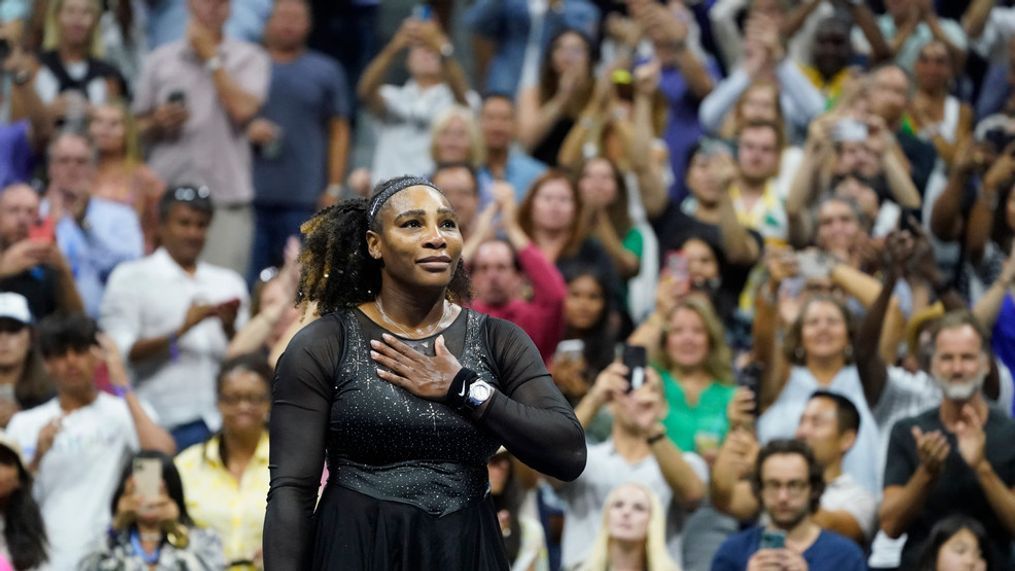 FILE - Serena Williams, of the United States, acknowledges the crowd after losing to Ajla Tomljanovic, of Austrailia, during the third round of the U.S. Open tennis championships, Friday, Sept. 2, 2022, in New York. (AP Photo/John Minchillo)