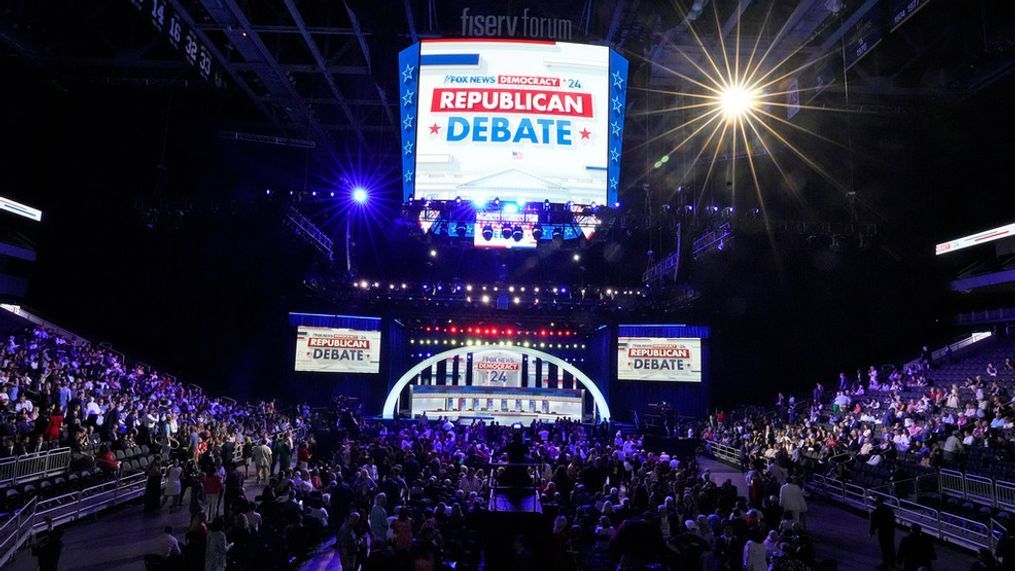 FILE - The stage is set at Fiserv Forum before the first 2023 Republican presidential debate in Milwaukee on Wednesday, Aug. 23, 2023. (Mike De Sisti/Milwaukee Journal-Sentinel via AP)
