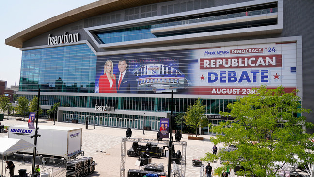 FILE - The Fiserv Forum is seen as set up continues for the upcoming Republican presidential debate Tuesday, Aug. 22, 2023, in Milwaukee. (AP Photo/Morry Gash)